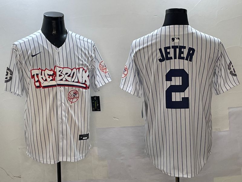 Men New York Yankees 2 Jeter White Stripe four generations Joint Name 2025 Nike MLB Jersey style 8